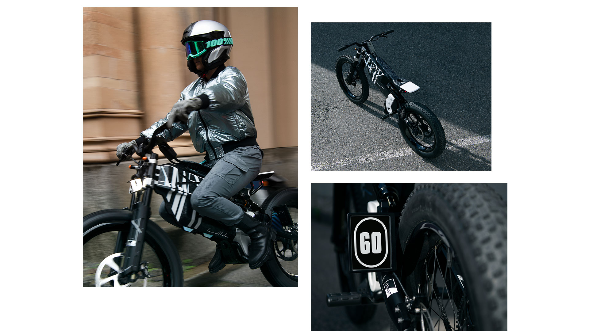Collage of three images of Vision AMBY. Focus on the LED headlights, e-ink number plate, and bench seat.