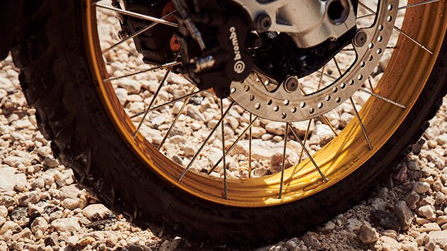 Detail of the front wheel of the new BMW F 850 GS Adventure
