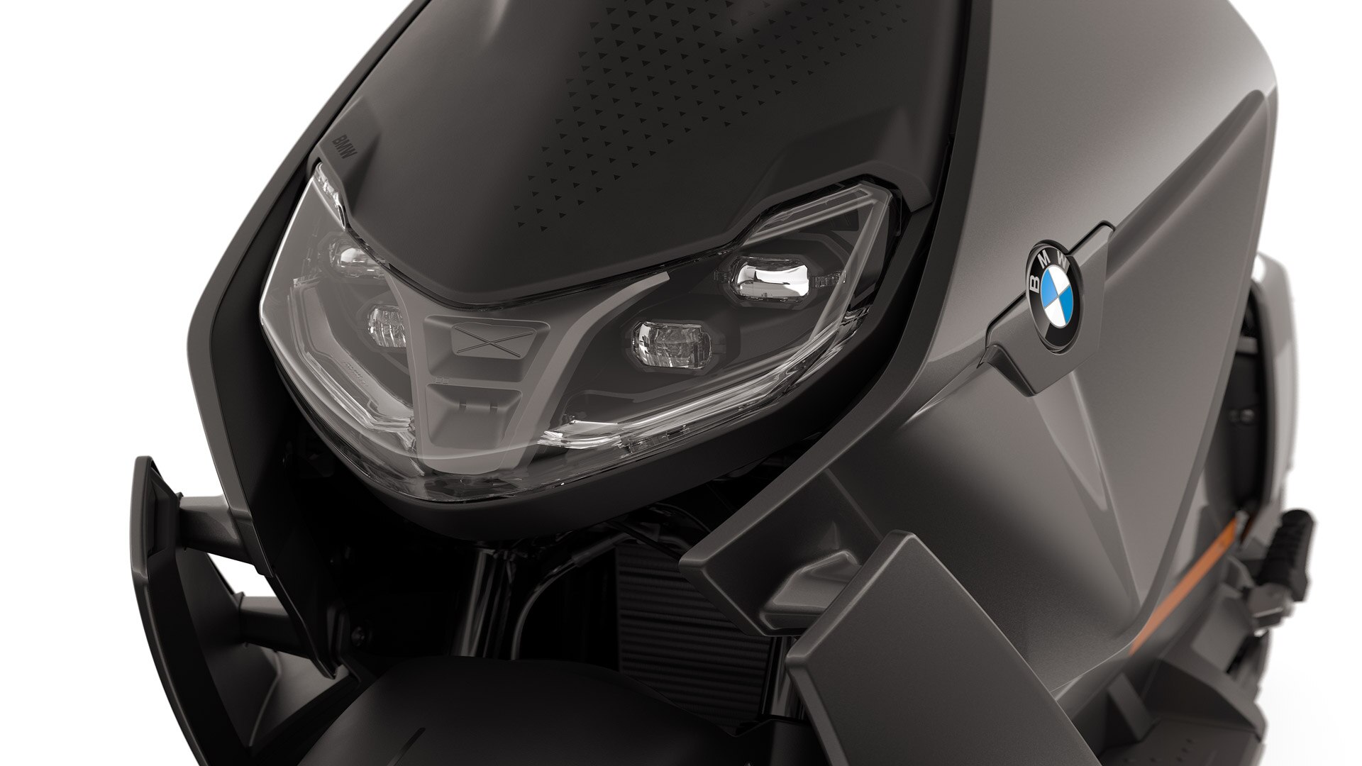 Front of the BMW CE 04 focussing on the LED headlights.