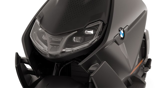 Front of the BMW CE 04 focussing on the LED headlights.
